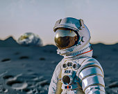 Illustration of an astronaut standing on the surface of the moon, with an Earthrise behind him.