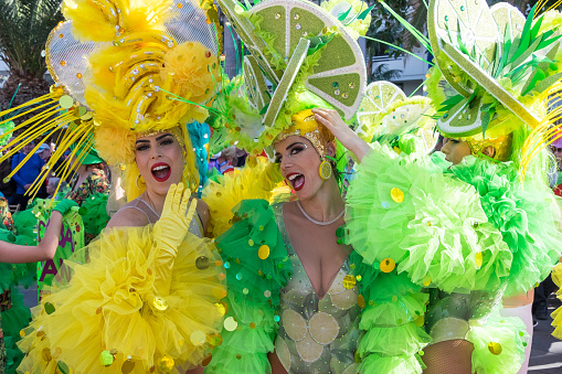 Tenerife, Canary Islands - February 25, 2023: Portrait of dancers posing at the Carnival of Puerto de la Cruz
