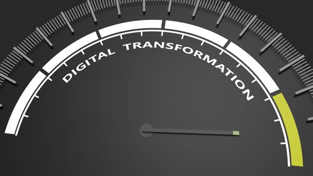 Digital transformation technology concept. Instrument scale with arrow. Colorful infographic gauge element.