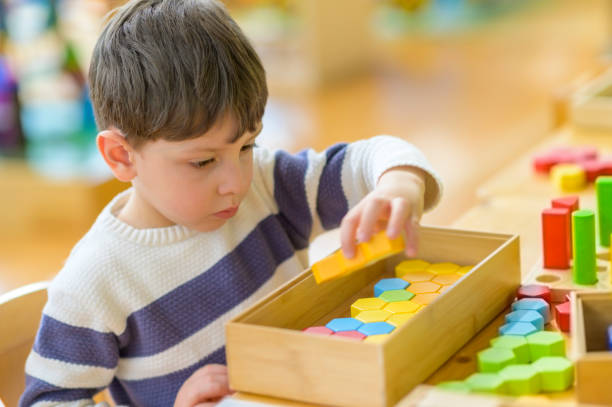 istock Cute Little Boy Playing at Kindergarten with Construction Toy 1625491333