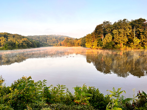 Panorama of the Beautiful Fall Foliage Reflected in the Lake at Cheaha State Park, Alabama