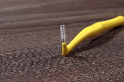 Close-up of an interdental toothpick with brush.