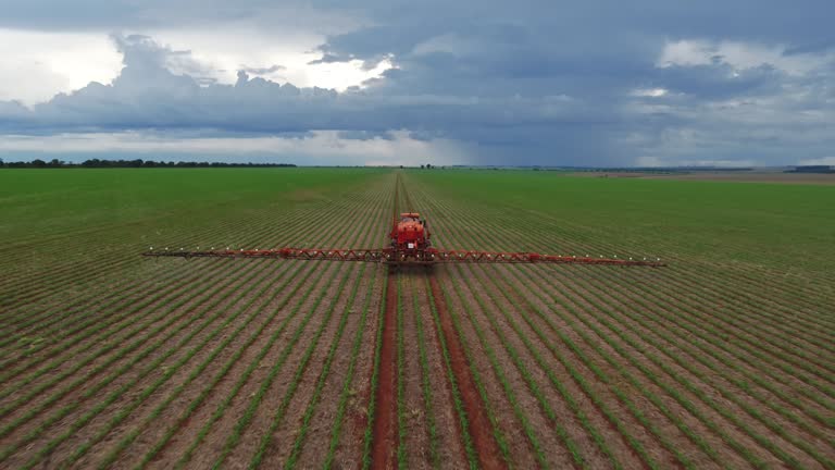 Aerial view of a tractor applying pesticides in a soybean plantation using computerized technology.  theme video collection.