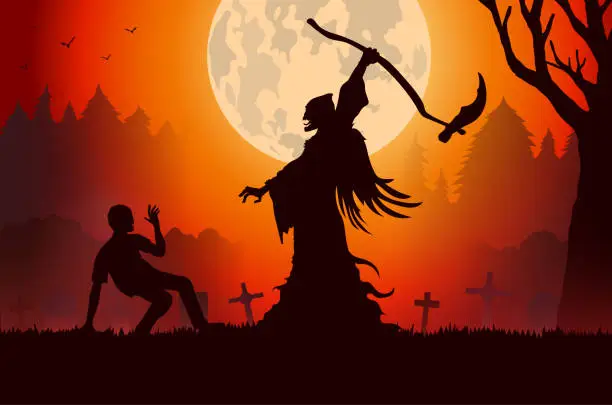 Vector illustration of Angel of Death with black wings will kill a man on the floor with a sickle on a full moon night at the graveyard. Silhouette Illustration about Halloween mystery night.