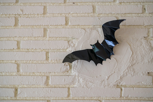 Black bat paper docorated on white brick wall. 2023 Halloween decoration concept.