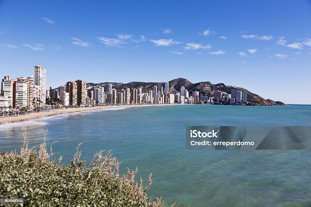 Benidorm view from a balcony A view of one of the Benidorm beaches with its famous skyline Alicante Stock Photo