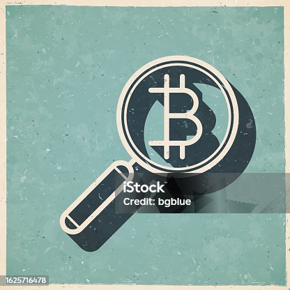 istock Magnifying glass with Bitcoin sign. Icon in retro vintage style - Old textured paper 1625716478