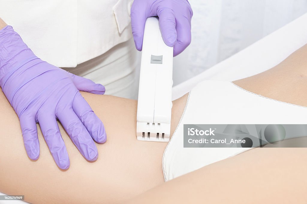 Close up of laser epilation treatment Close up of laser epilation treatment, focus o Human Groin Stock Photo