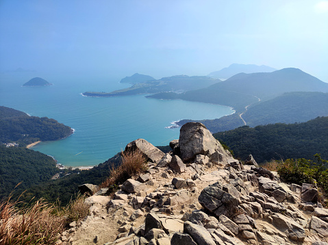 Panorama of Clearwater Bay peninsula and South China Sea, viewed from the towering 344 metres High Junk Peak, one of the three treacherous peaks in Hong Kong.
