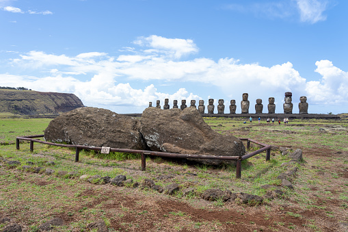 A lying Moai with 15 Moai Statues in the background at Ahu Tongariki Ceremonial Platform,  Easter Island, Chile.