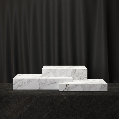 Marble podium for display products on а black background. 3d