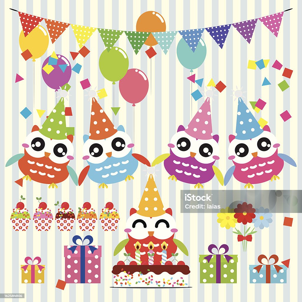 Búho elementos de diseño de fiesta de cumpleaños - arte vectorial de Alimento libre de derechos