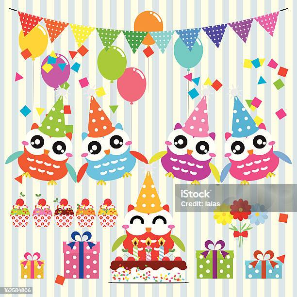 Owl Birthday Party Design Elements Stock Illustration - Download Image Now - Animal, Animal Markings, Art