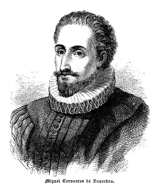 мигель cervantes-старинные гравированные портрет - literary artist stock illustrations