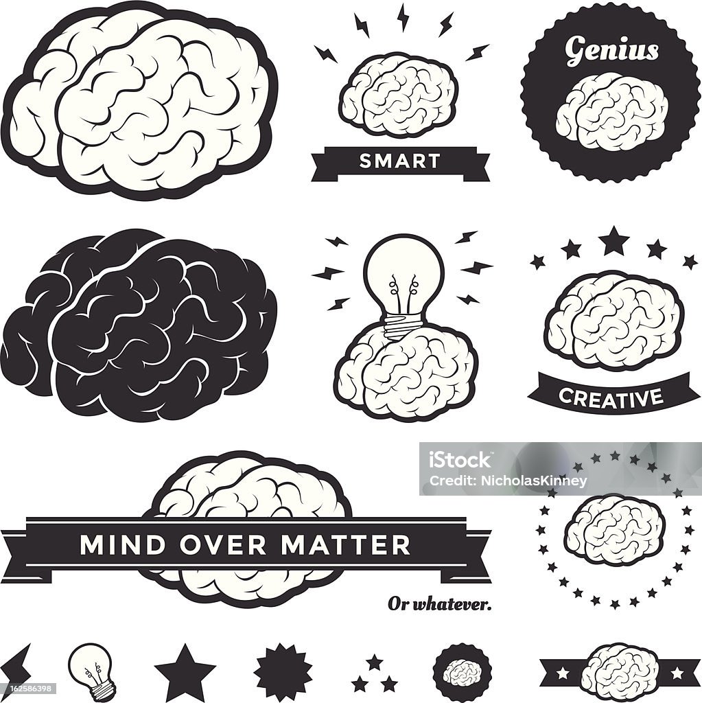 Vector Brain Badges and Label Collection Vector illustration of various brain designs and badges. Contains an outlined brain graphic, a solid black brain, "genius" badge, "creative" brain, "smart" icon, "mind" banner, and "idea" lightbulb plugged into a brain. These design elements are iconic representations of creativity, ideas, inspiration, intelligence, thoughts, strategy, memory, innovation, education, and learning. Brain stock vector