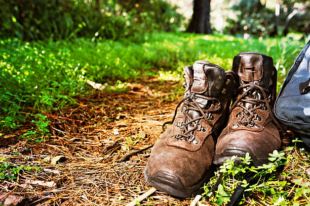 istock Well-worn hiking boots rest next to forest path 162587215
