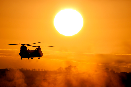 A military chinook blowing up dust on a training exercise in Oxfordshire.