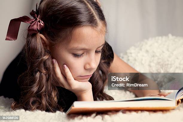 Beautiful Girl Reading Book Indoor Stock Photo - Download Image Now - Book, Brown, Brown Hair