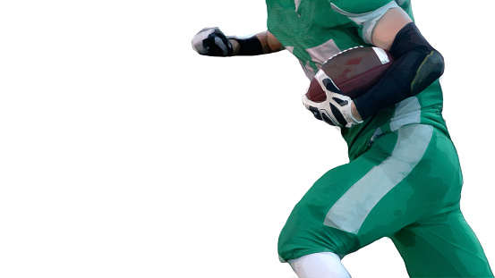 Photo illustration of a running back carrying the ball in an American football game against a white background with space for copy on the left side of the image.