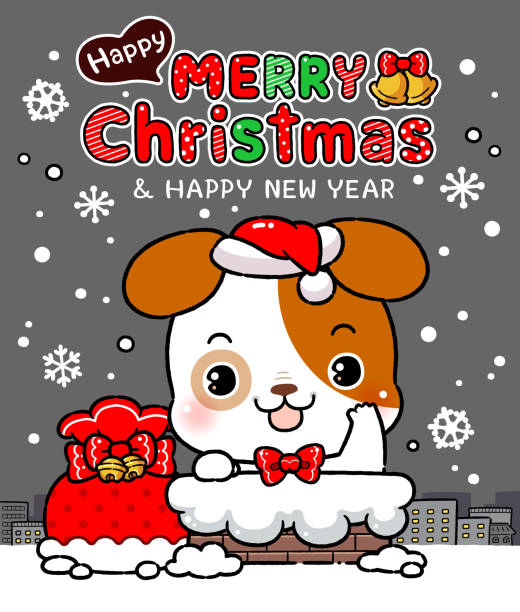 illustrazioni stock, clip art, cartoni animati e icone di tendenza di simpatico cagnolino in costume da babbo natale, bloccato nel camino con i regali, in città di notte con la neve che cade alla vigilia di natale. - falling candy christmas candy cane