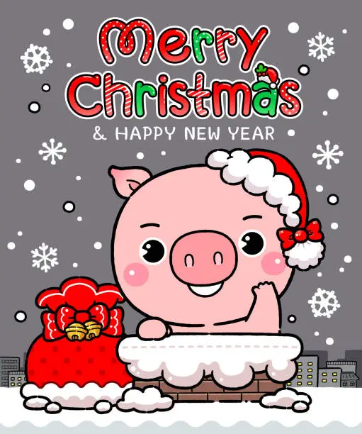 Vector illustration of Cute Baby Pig in Santa Claus Costume, Stuck in the chimney with gifts, in city at night with snow falling on Christmas eve.