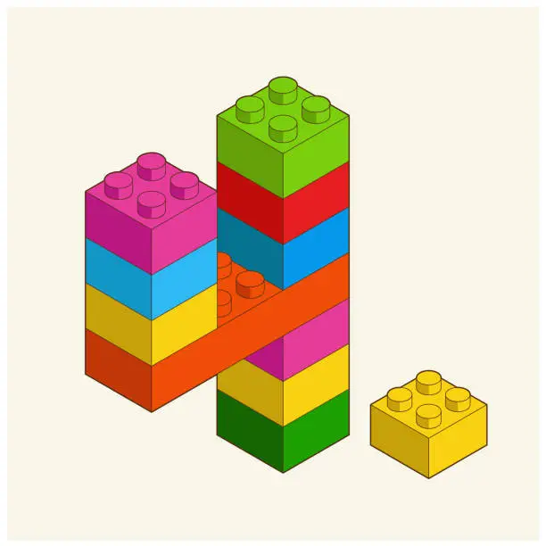 Vector illustration of Number 4 from Plastic building blocks. Colored bricks isolated on white background. Vector 3d isometric illustration.