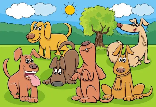 Vector illustration of cartoon dogs and puppies characters group in the meadow