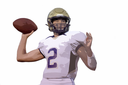 An American football quarterback prepares to throw a pass in a photo illustration on a white background.