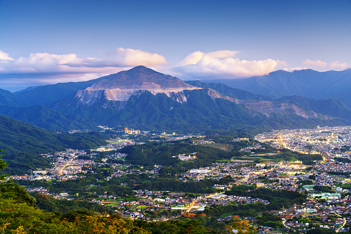 Chichibu, Saitama, Japan with Buko Mountain at blue hour.