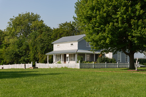 Franklin Grove, Illinois - United States - August 15th, 2023: Historic buildings depicting 19th century prairie settlement at Chaplin Creek Historic Site in Franklin Grove, Illinois, USA.