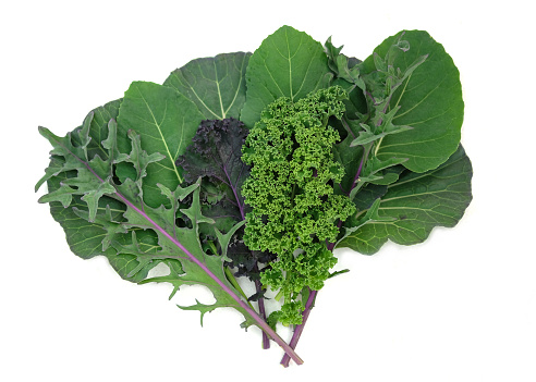 Leaves of different types of kale cabbage top view. Green cabbage leaves on white background. Leaves of different sizes and colors close-up. Greens for making salad, detox. varieties of cabbage