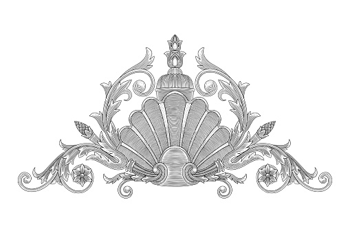 Shell with floral ornament, vintage engraving drawing style vector illustration