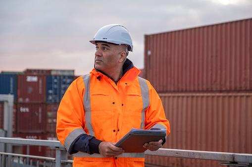 A male port worker examining operations onsite