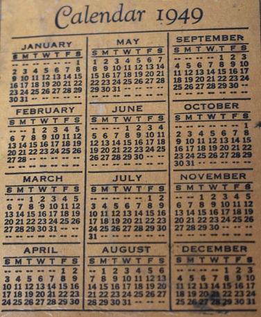 An old calendar from the back of a small notebook or memo pad.  Dated 1949.