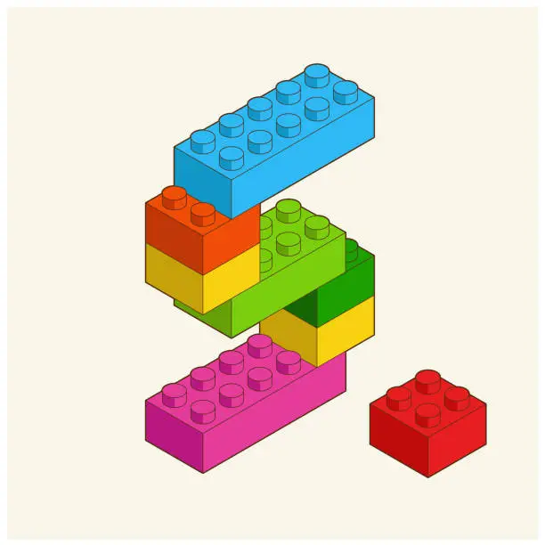 Vector illustration of Number 5 from Plastic building blocks. Colored bricks isolated on white background. Vector 3d isometric illustration.