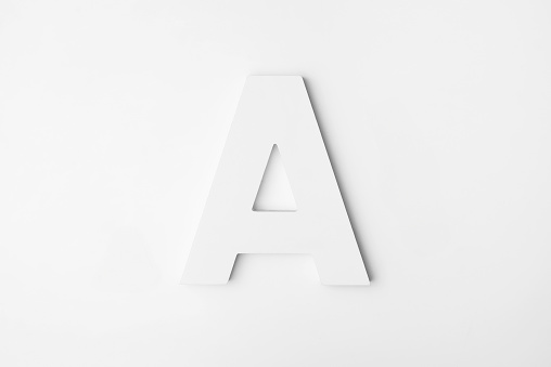 The letter A standing on a white background
