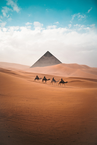 Four tourists riding camels in the deserts of Egypt. In the background, an ancient pyramid is visible