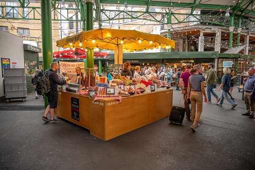 London, UK - July 18, 2023: Views inside London's famous Borough Market.