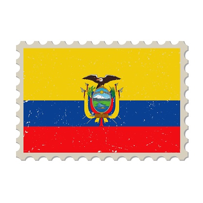 Ecuador grunge postage stamp. Vintage postcard vector illustration with Ecuadorean national flag isolated on white background. Retro style.