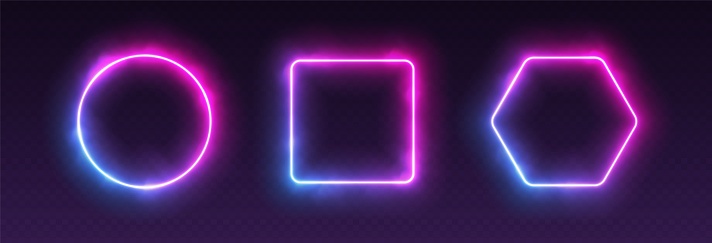 Gradient neon frames with smoke, led borders with mist effect, transparent glowing haze. Avatar frames for game, futuristic UI design elements. Circle, square and hexagon vector decorations.