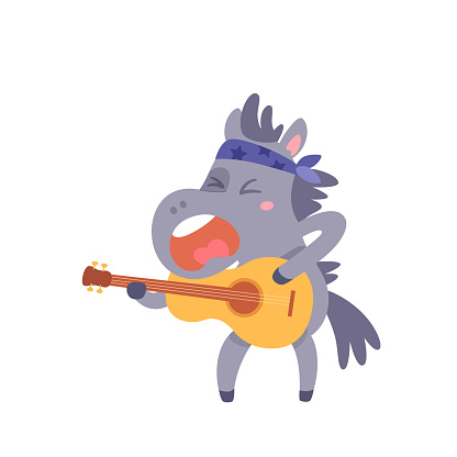 Donkey playing guitar vector illustration. Cartoon isolated cute animal musician holding acoustic musical instrument to play fun rock music and sing, crazy horse guitarist standing, singing on concert