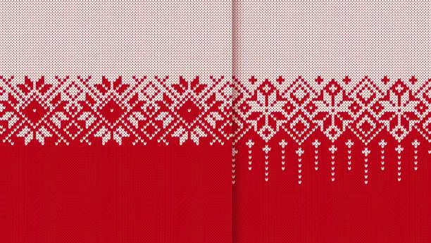 Vector illustration of Festive sweater. Red and white seamless ornament. Christmas red knitted geometrical pattern. Holiday background.