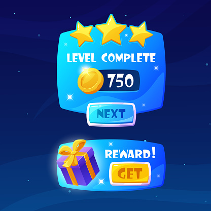 Level Complete Space Game Menu Element, Displays After Successfully Finishing A Game Level, Showcasing Achievements, Scores, Rewards And Options To Proceed Or Replay. Cartoon Vector Illustration