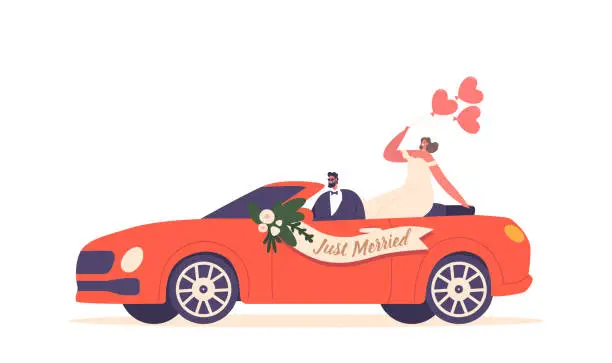 Vector illustration of Newlyweds Drive A Decorated Car, Celebrating Their Marriage With Just Married Sign, Symbolizing Their Joyous Journey