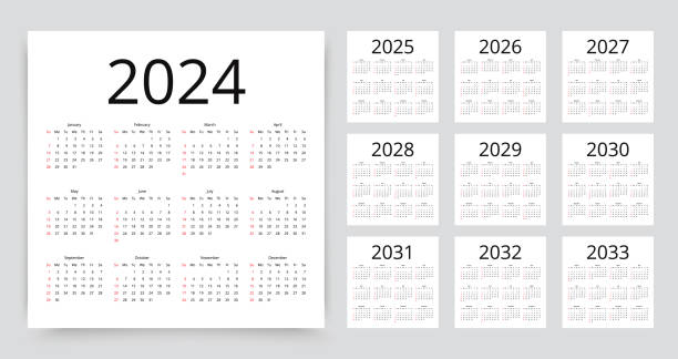 2024, 2025, 2026, 2027, 2028, 2029, 2030, 2031, 2032, 2033 years calendar. Planner template. Vector illustration. Calendar for 2024, 2025, 2026, 2027, 2028, 2029, 2030, 2031, 2032, 2033 years. Planner layout with 12 months. Calender template. Week starts Sunday. Yearly organizer in English. Vector illustration may 24 calendar stock illustrations