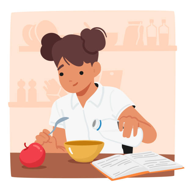Focused Schoolgirl Character Engrossed In Reading While Eating her Lunch, Exemplifying Multitasking And Dedication Focused Schoolgirl Character Engrossed In Reading While Eating her Lunch, Exemplifying Multitasking And Dedication To Both Education And Nourishment. Cartoon People Vector Illustration book dedication stock illustrations