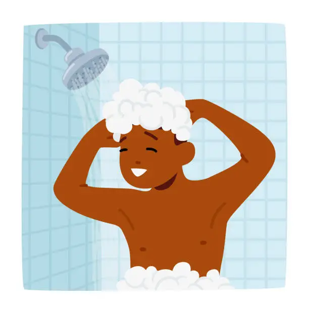 Vector illustration of Boy Hygiene, Daily Routine Concept. Child Joyfully Lathering Body In Shower, Giggling As Soap Bubbles Form