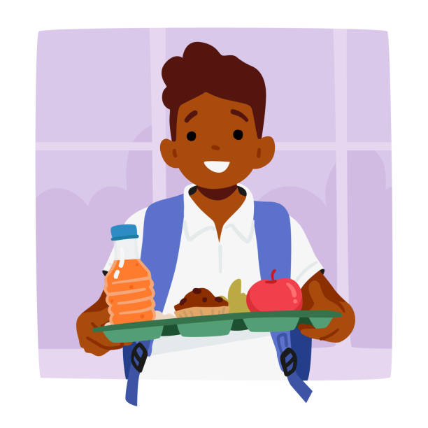 ilustraciones, imágenes clip art, dibujos animados e iconos de stock de personaje de niño estudiante sosteniendo una bandeja de almuerzo navegando ansiosamente por la bulliciosa cafetería. mochila colgada sobre los hombros - tray lunch education food