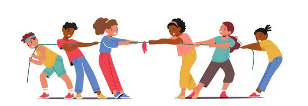 Vector illustration of Children Characters Play Tug Of War, Spirited Team Game Where Opposing Groups Pull On Opposite Ends Of A Rope