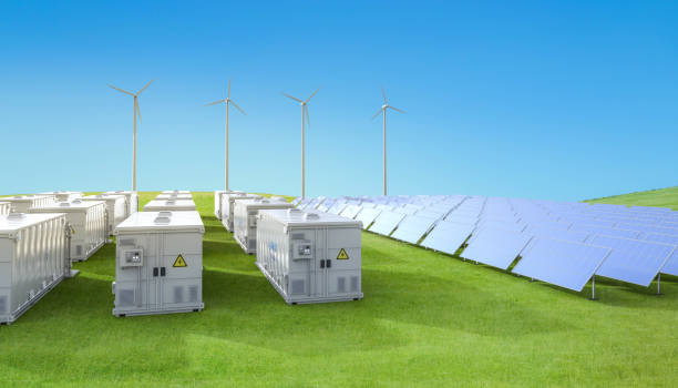 quantità di sistemi di accumulo di energia o unità contenitore di batterie con parco solare e turbina - solar collector foto e immagini stock